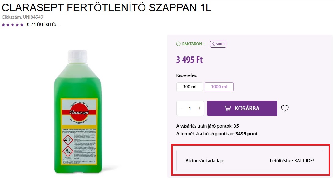Biztonsági adatlap a termékoldalon