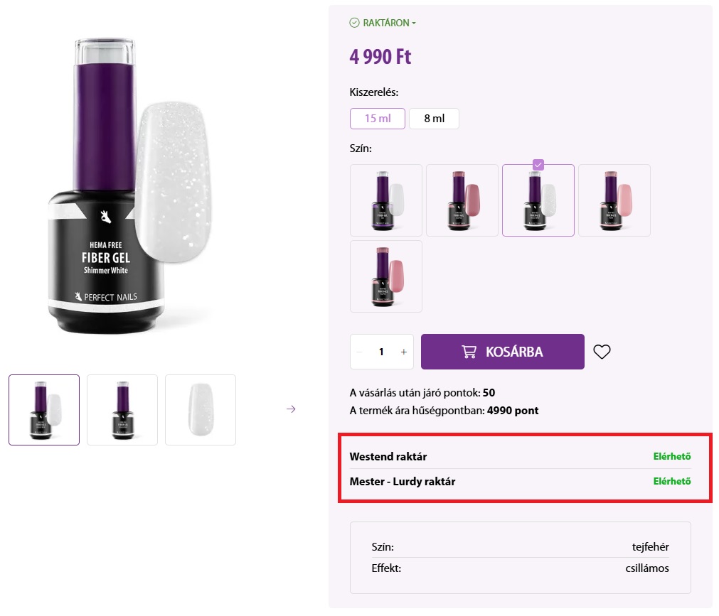 Készletinformáció a termékoldalon